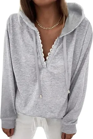 Ezcosplay Women Casual V Neck Hoodies Oversized Sweatshirt Long Sleeve Pullover Tops