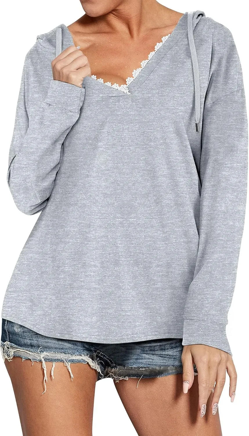 Ezcosplay Women Casual V Neck Hoodies Oversized Sweatshirt Long Sleeve Pullover Tops