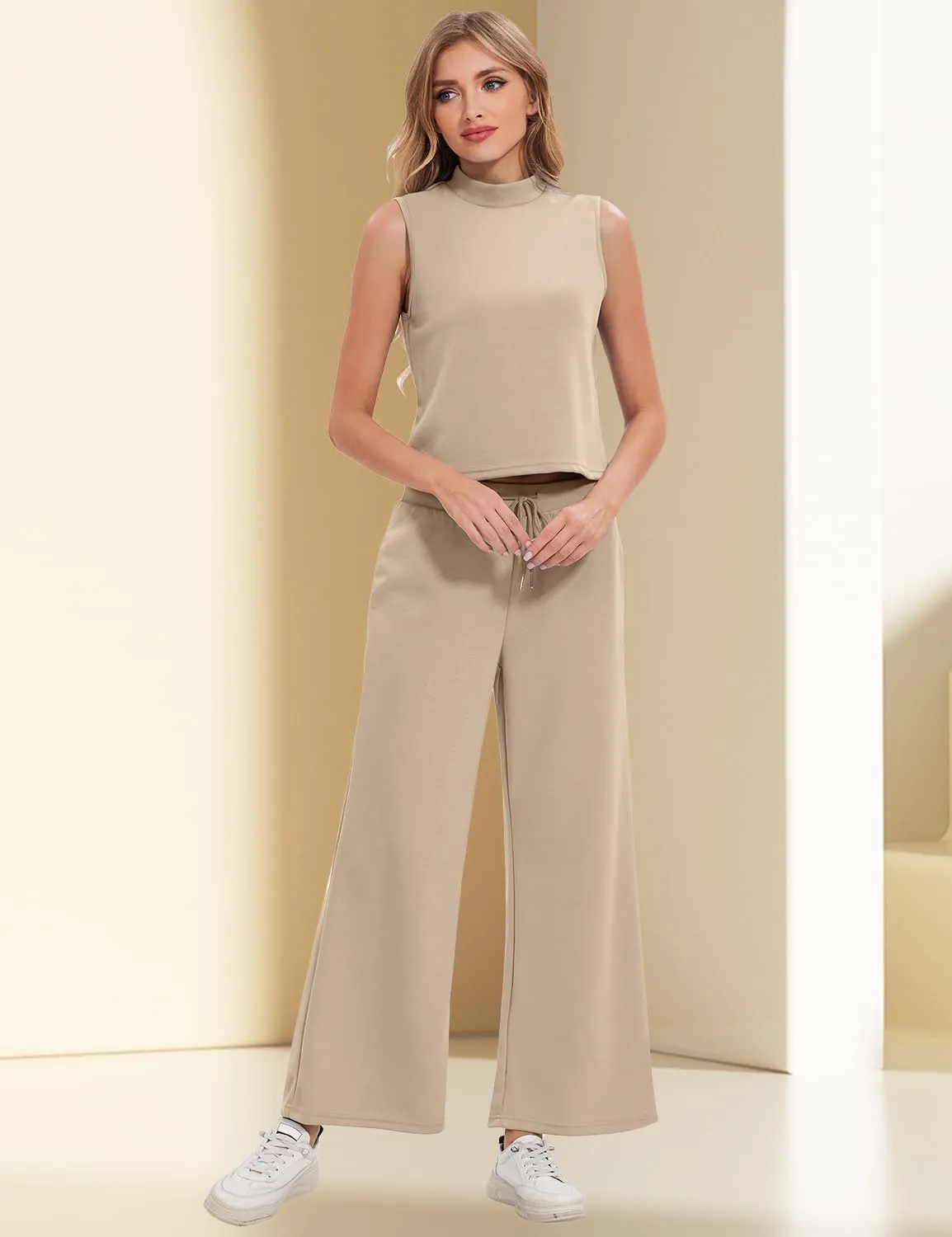 FANCYINN Women's Summer 2 Piece Outfits Mock Neck Tank Crop Tops Drawstring Wide Leg Pants Lounge Jumpsuits with Pockets