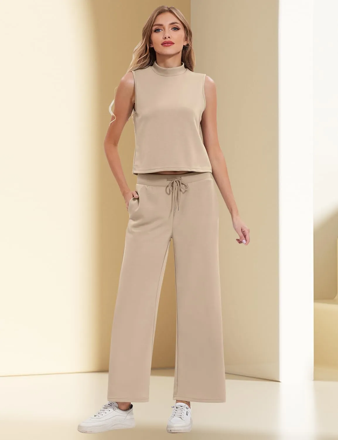 FANCYINN Women's Summer 2 Piece Outfits Mock Neck Tank Crop Tops Drawstring Wide Leg Pants Lounge Jumpsuits with Pockets