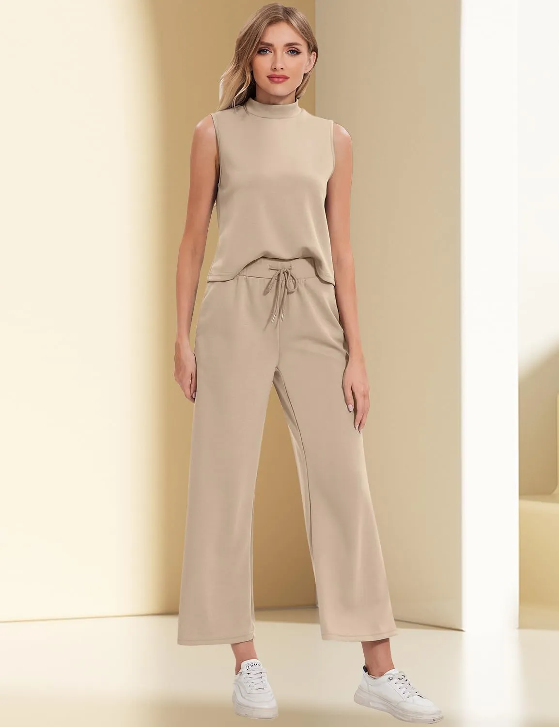 FANCYINN Women's Summer 2 Piece Outfits Mock Neck Tank Crop Tops Drawstring Wide Leg Pants Lounge Jumpsuits with Pockets