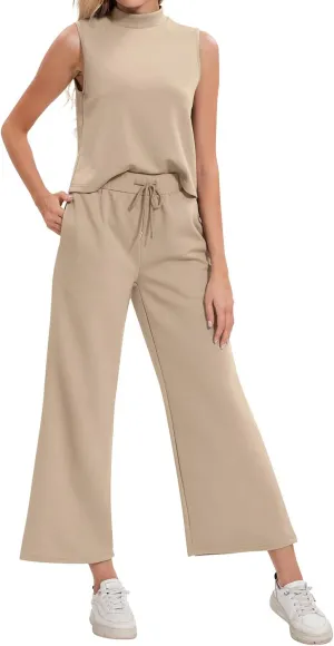 FANCYINN Women's Summer 2 Piece Outfits Mock Neck Tank Crop Tops Drawstring Wide Leg Pants Lounge Jumpsuits with Pockets