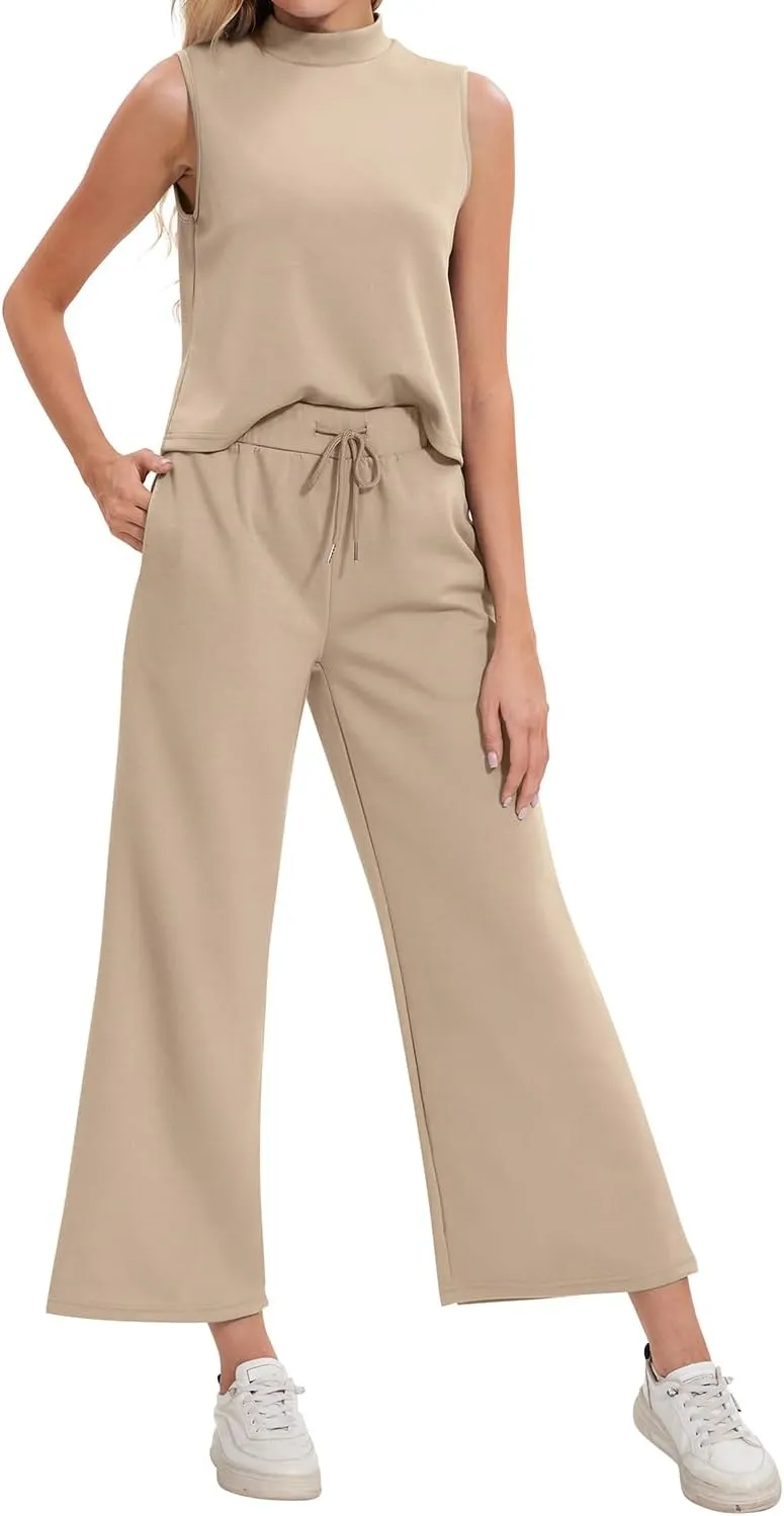 FANCYINN Women's Summer 2 Piece Outfits Mock Neck Tank Crop Tops Drawstring Wide Leg Pants Lounge Jumpsuits with Pockets