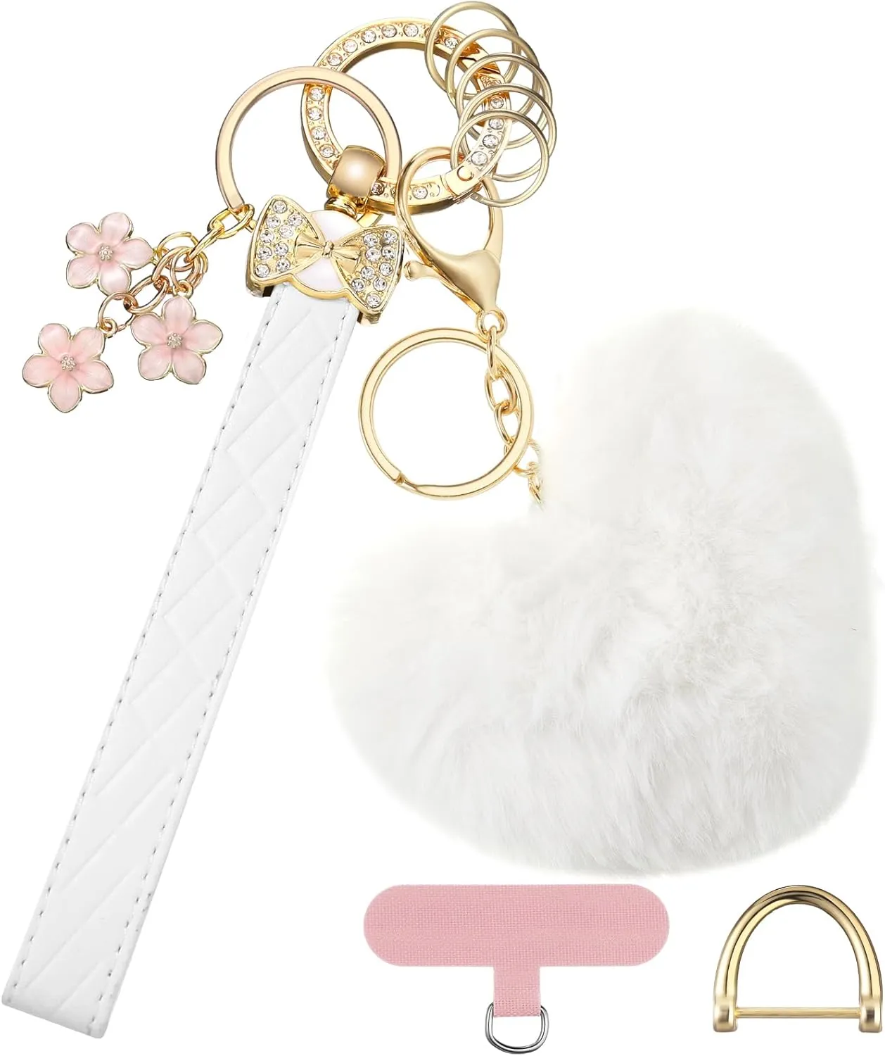 Faux Leather Wristlet Keychain for Women Wallet Car Keychain Bracelet with 5 Key Ring 1 Anti Lost D Ring Bow