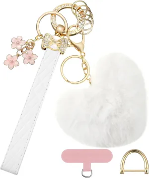 Faux Leather Wristlet Keychain for Women Wallet Car Keychain Bracelet with 5 Key Ring 1 Anti Lost D Ring Bow