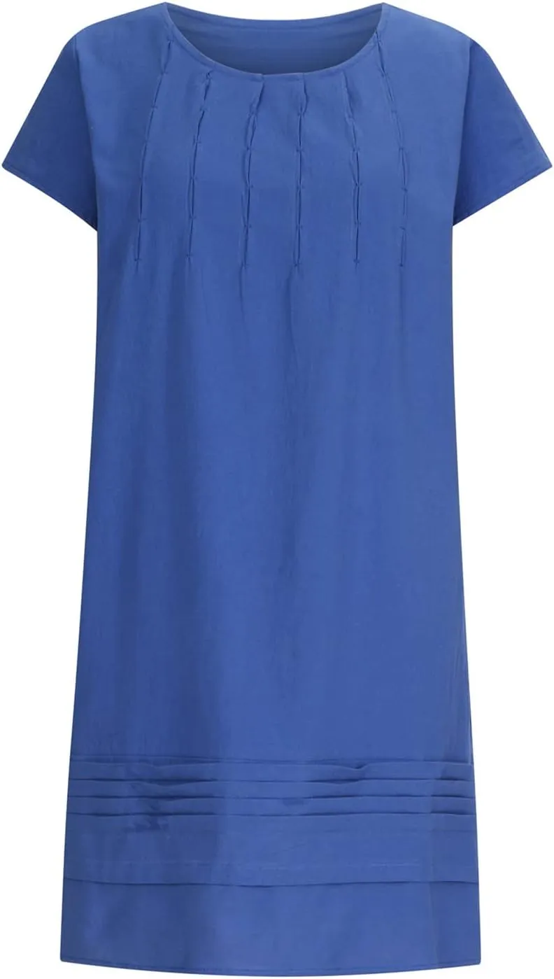 Finelylove Womens Casual Summer Cotton Linen Dresses Midi Flowy Beach Dress Short Sleeve Ruffled Shift Dress Loose Sundress