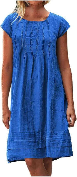 Finelylove Womens Casual Summer Cotton Linen Dresses Midi Flowy Beach Dress Short Sleeve Ruffled Shift Dress Loose Sundress