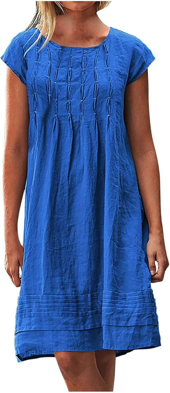 Finelylove Womens Casual Summer Cotton Linen Dresses Midi Flowy Beach Dress Short Sleeve Ruffled Shift Dress Loose Sundress
