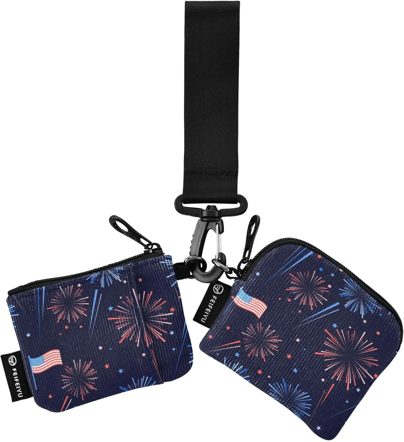 Fireworks Stars American National Flag 4th July Women's Coin Wallet Card Holder Cute Fashion Zipper Wristlet Wallet with Wristle Strap for Work Travel 2 Packs