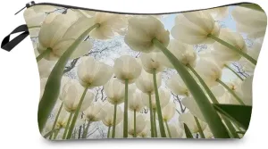 Floral Gifts Floral Makeup Bag Cute Small Organizer Bag Travel Toiletry Zipper Pouch White Tulip Gift White Floral Cosmetic Bag for Flower Lovers Women Friends