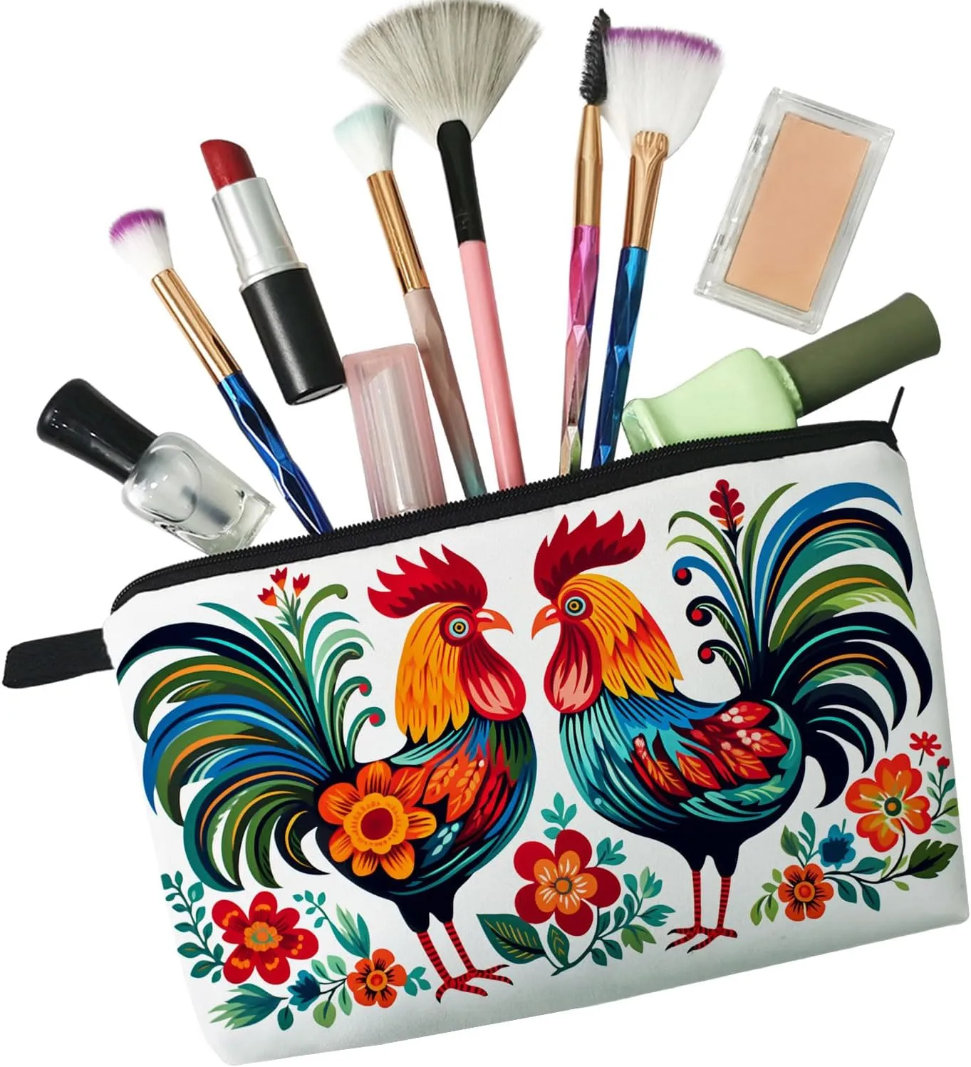Floral Roosters Makeup Bag Colorful Chicken Small Organizer Bag Zipper Pouch Ethnic Style Roosters Print Cosmetic Bag Present for Women Friends