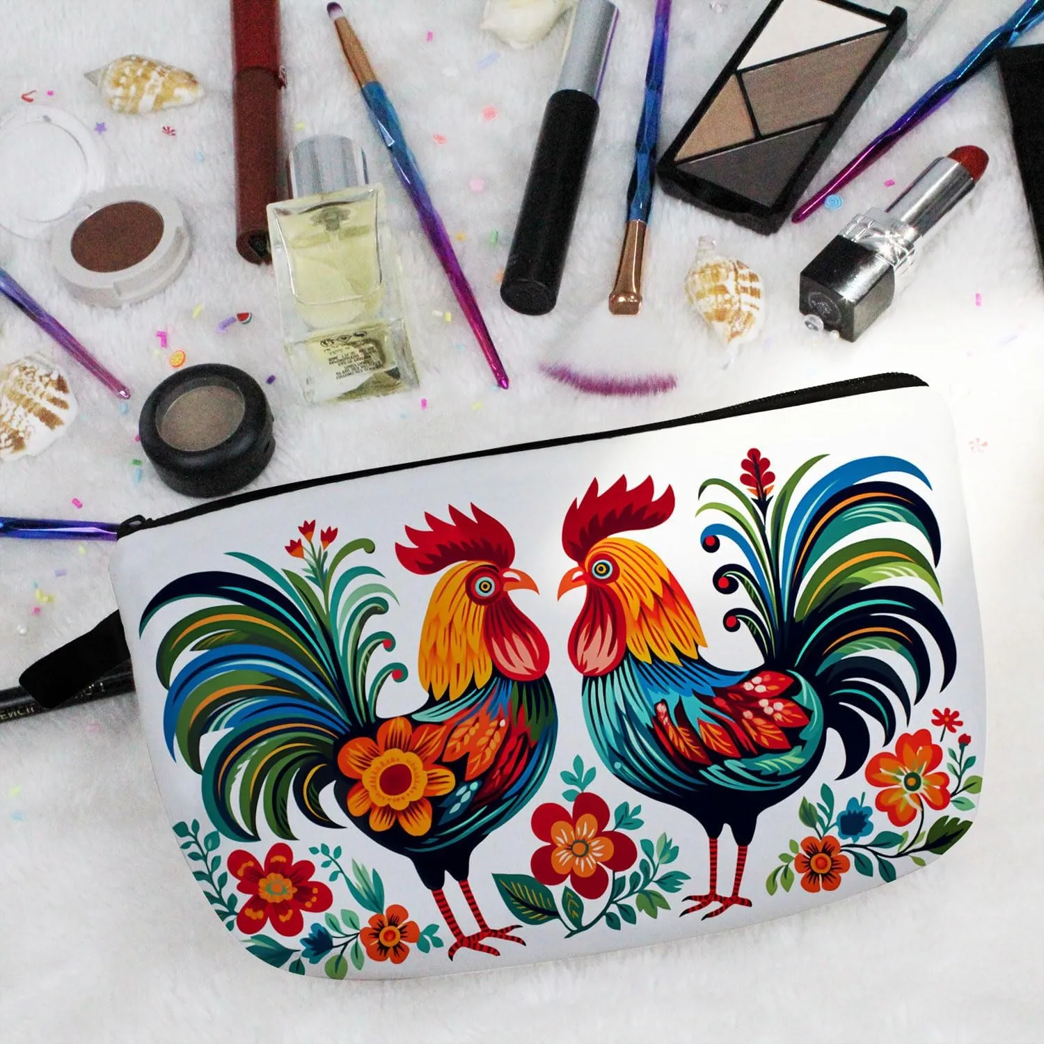 Floral Roosters Makeup Bag Colorful Chicken Small Organizer Bag Zipper Pouch Ethnic Style Roosters Print Cosmetic Bag Present for Women Friends