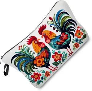 Floral Roosters Makeup Bag Colorful Chicken Small Organizer Bag Zipper Pouch Ethnic Style Roosters Print Cosmetic Bag Present for Women Friends