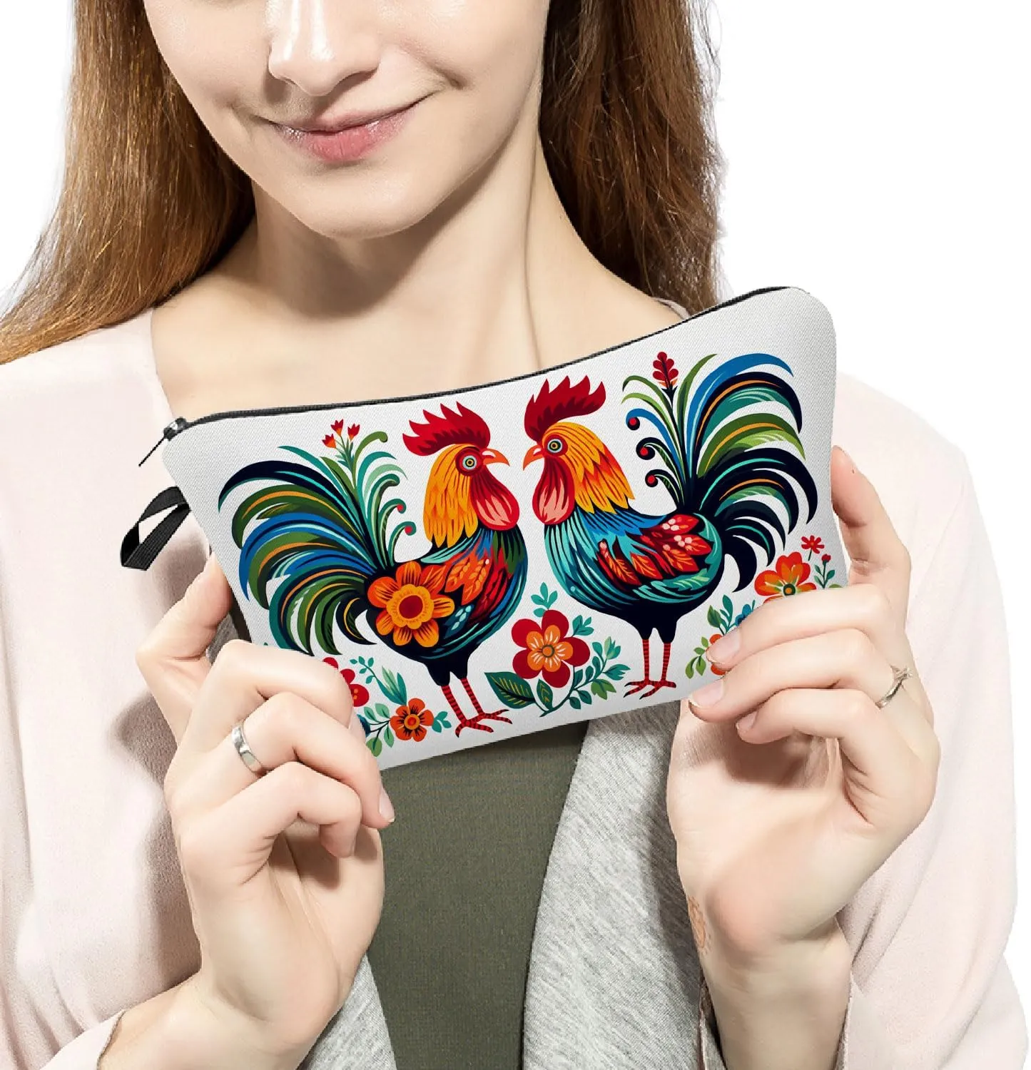 Floral Roosters Makeup Bag Colorful Chicken Small Organizer Bag Zipper Pouch Ethnic Style Roosters Print Cosmetic Bag Present for Women Friends