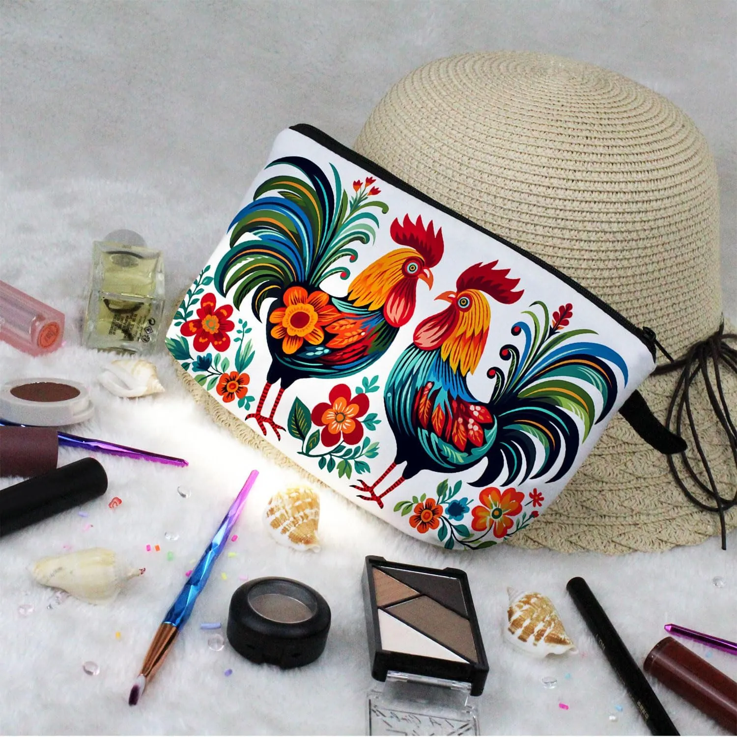Floral Roosters Makeup Bag Colorful Chicken Small Organizer Bag Zipper Pouch Ethnic Style Roosters Print Cosmetic Bag Present for Women Friends
