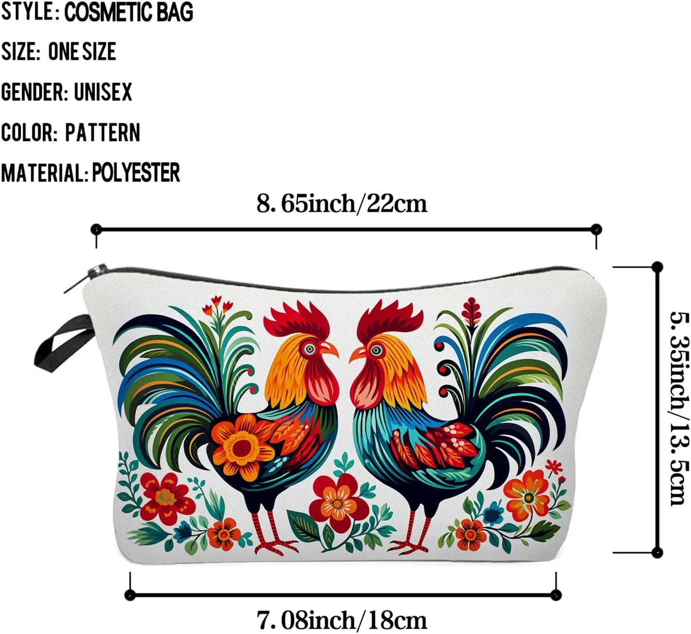 Floral Roosters Makeup Bag Colorful Chicken Small Organizer Bag Zipper Pouch Ethnic Style Roosters Print Cosmetic Bag Present for Women Friends