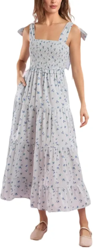 Floral Smocked Maxi Dress for Women Bohemian Tie Shoulder Flowy Beach Dress Y2k Cute Patchwork Long Ruffle Sundress