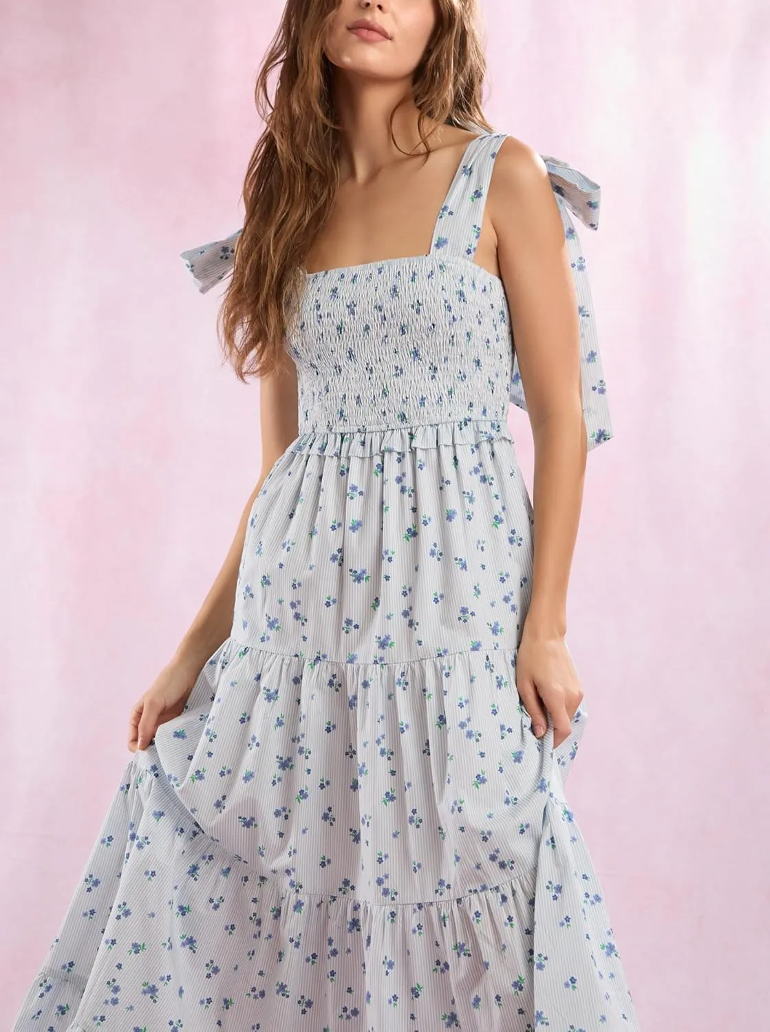 Floral Smocked Maxi Dress for Women Bohemian Tie Shoulder Flowy Beach Dress Y2k Cute Patchwork Long Ruffle Sundress