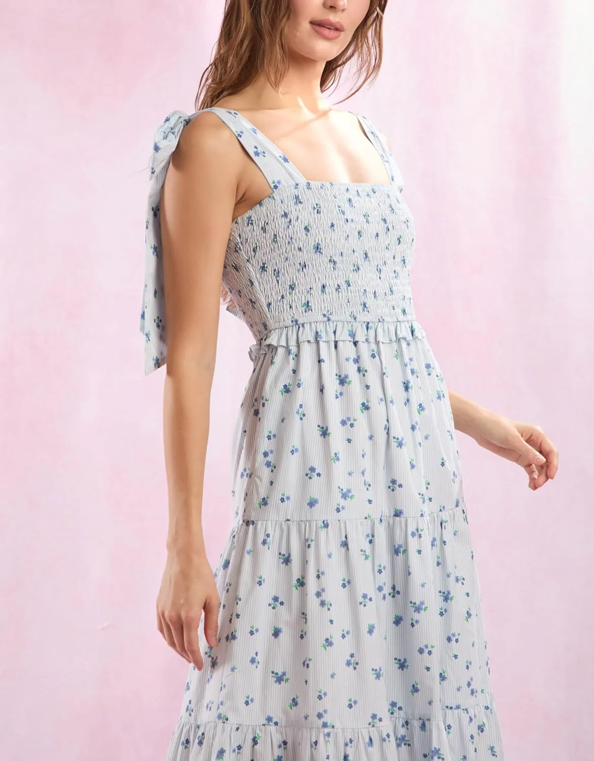 Floral Smocked Maxi Dress for Women Bohemian Tie Shoulder Flowy Beach Dress Y2k Cute Patchwork Long Ruffle Sundress