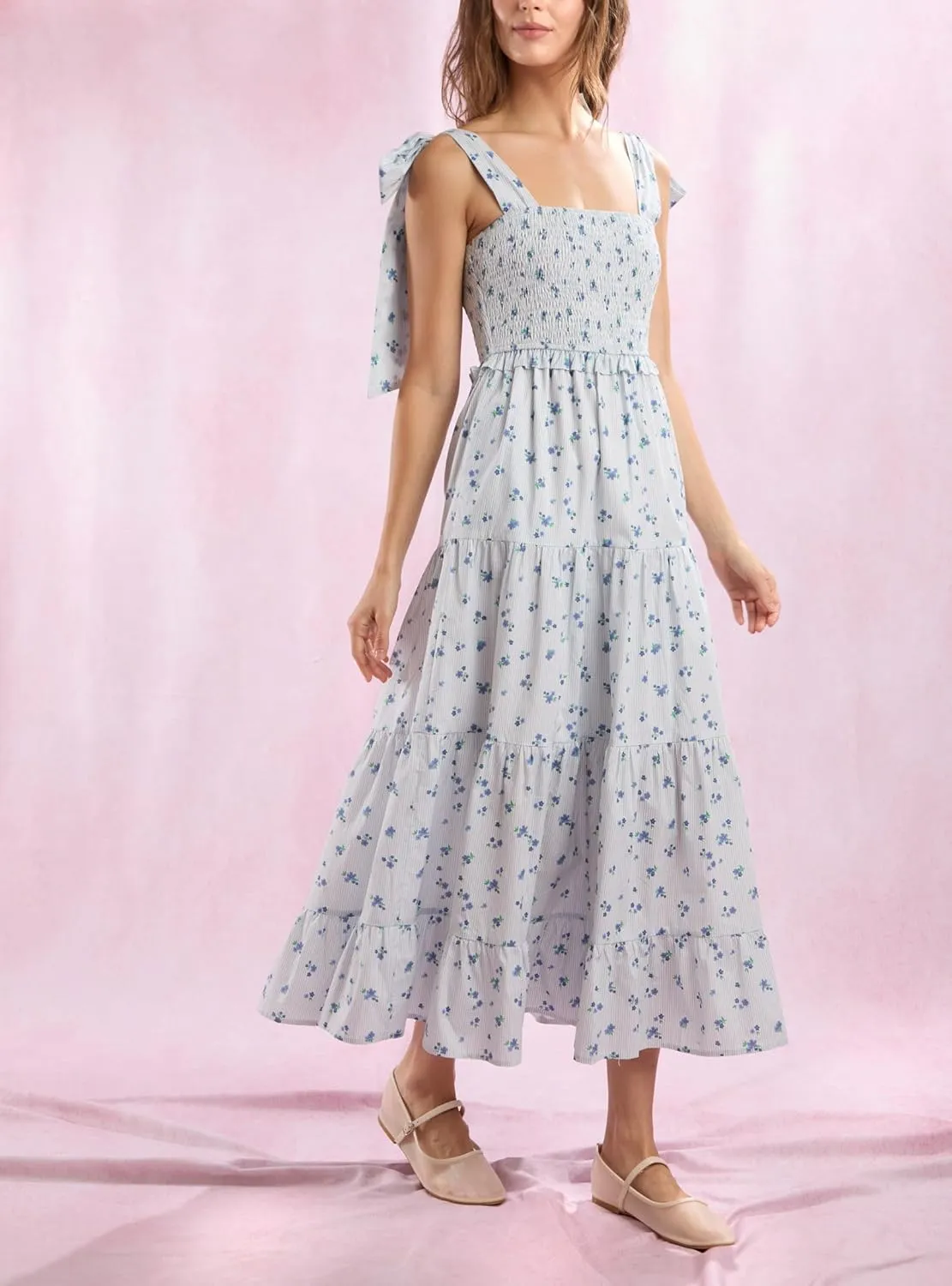 Floral Smocked Maxi Dress for Women Bohemian Tie Shoulder Flowy Beach Dress Y2k Cute Patchwork Long Ruffle Sundress