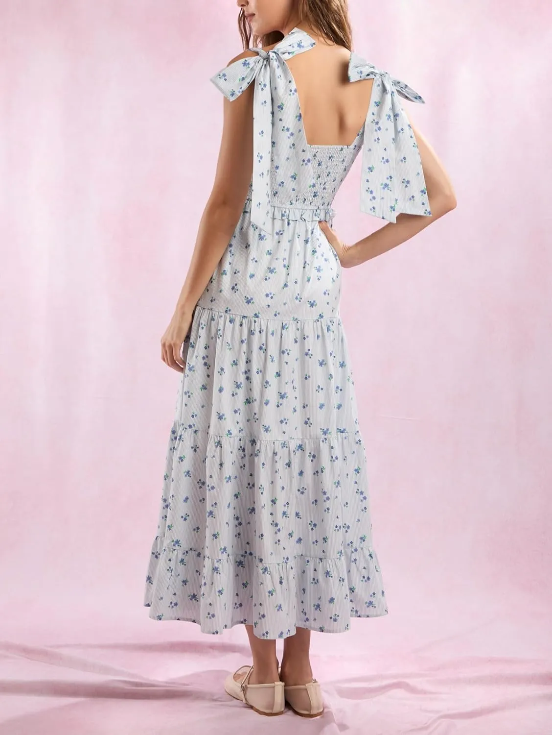 Floral Smocked Maxi Dress for Women Bohemian Tie Shoulder Flowy Beach Dress Y2k Cute Patchwork Long Ruffle Sundress