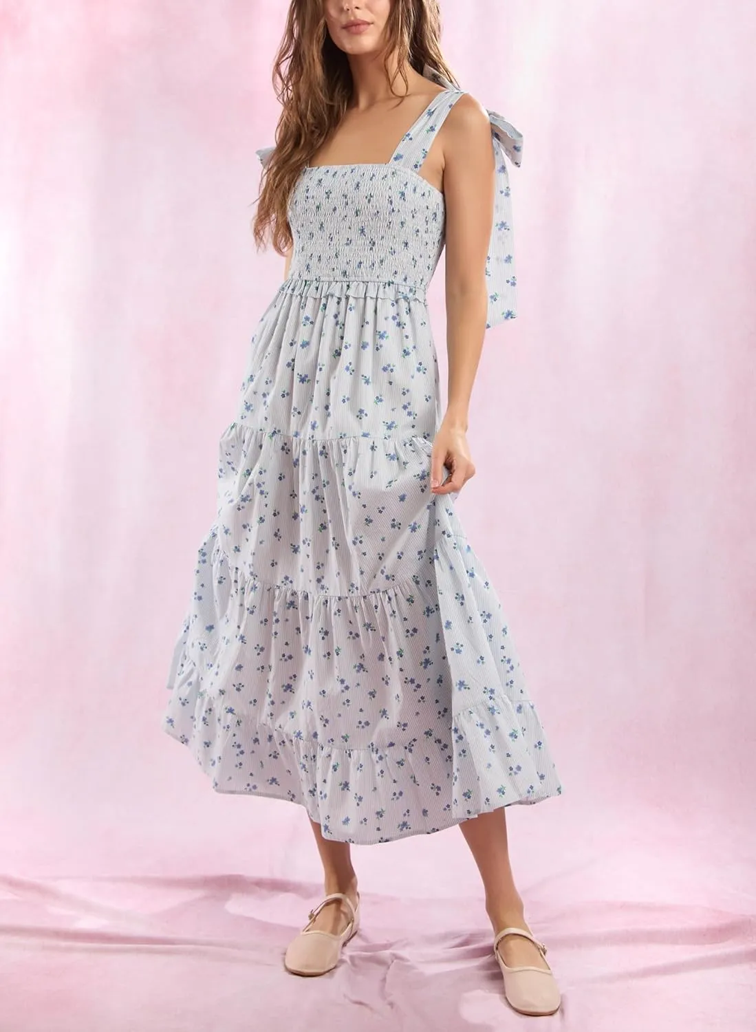 Floral Smocked Maxi Dress for Women Bohemian Tie Shoulder Flowy Beach Dress Y2k Cute Patchwork Long Ruffle Sundress