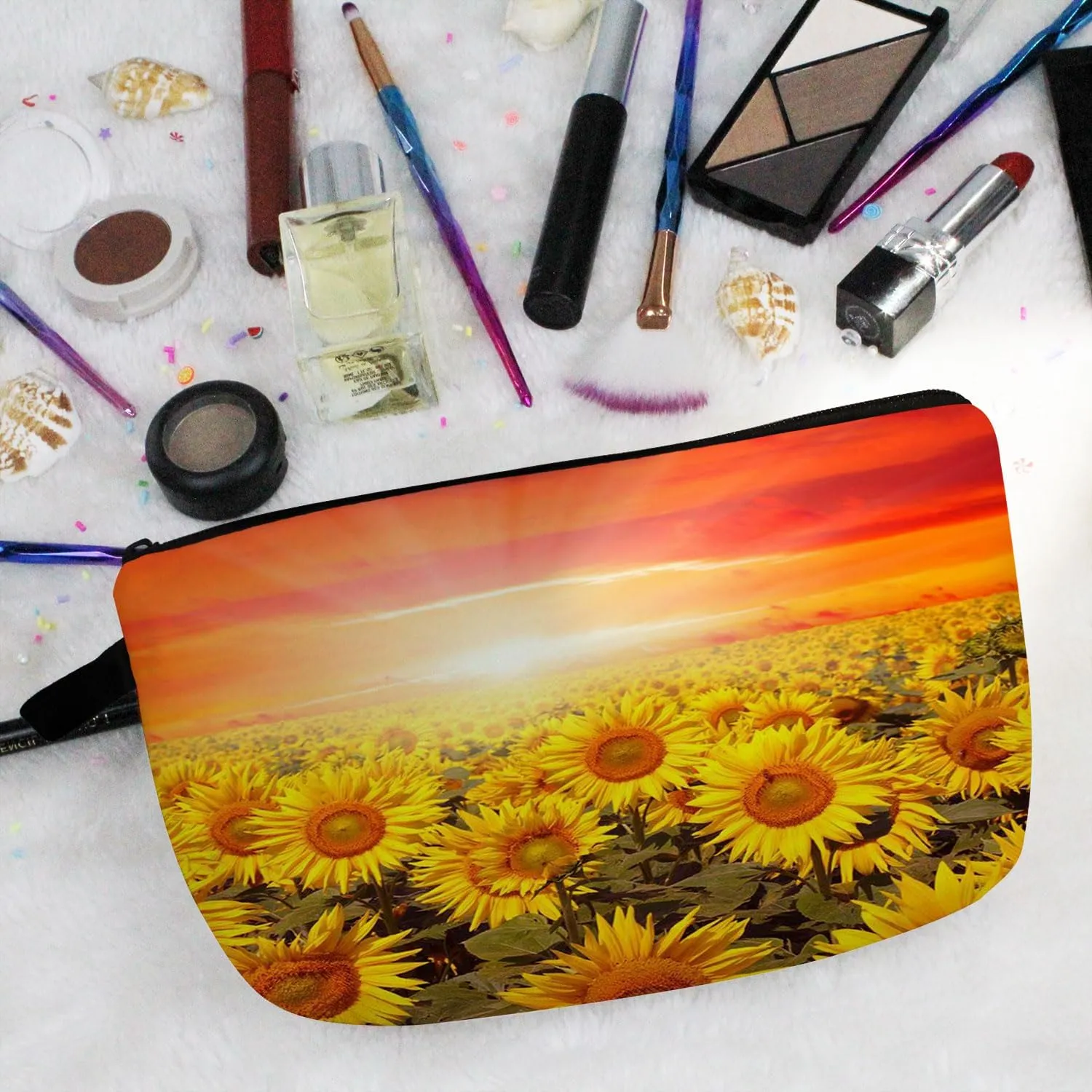 Floral Sunflower Field Makeup Bag Cute Small Organizer Bag Travel Toiletry Zipper Pouch Floral Sunflower Cosmetic Bag Present for Sunflower Lovers Women Friends