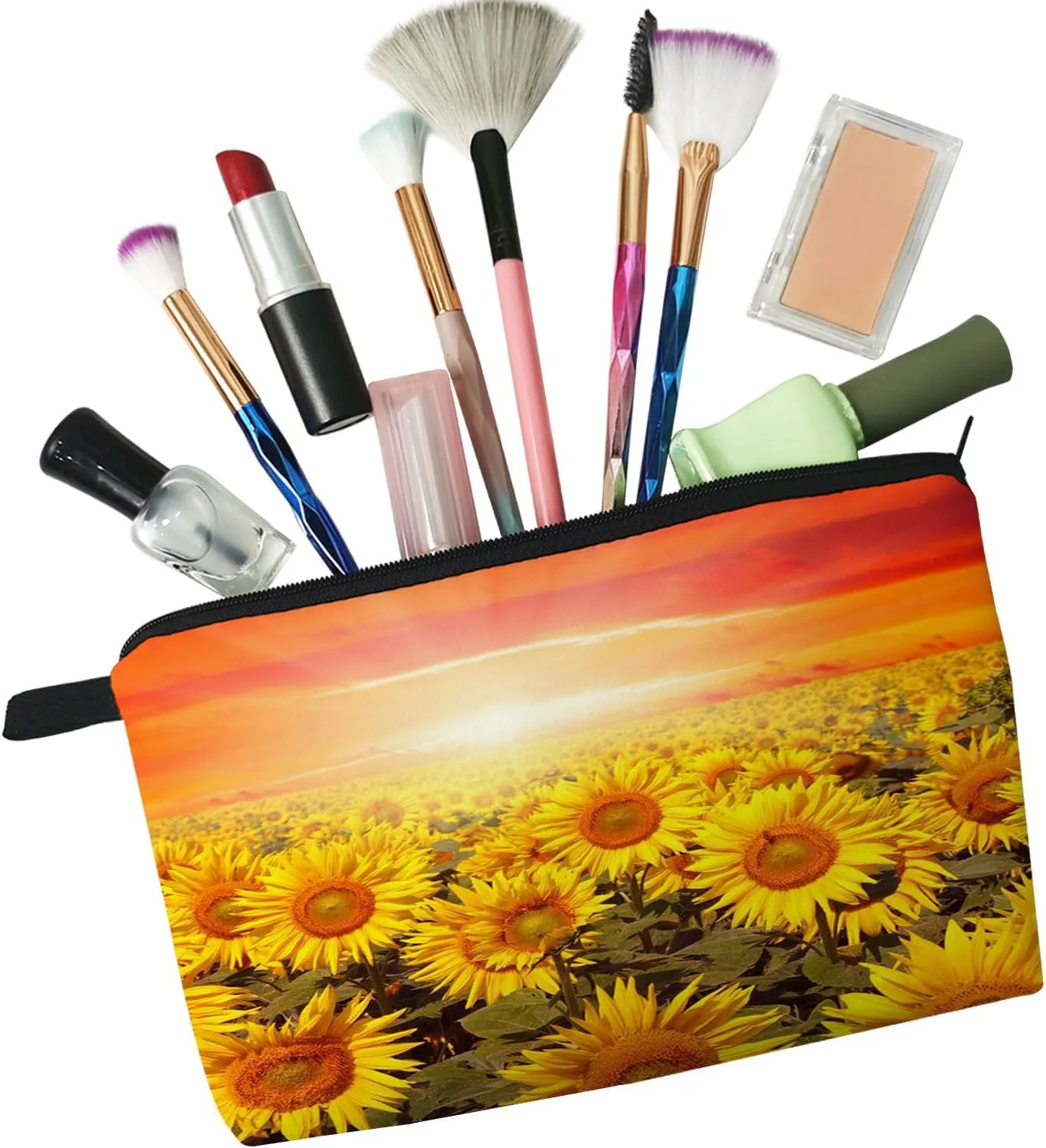 Floral Sunflower Field Makeup Bag Cute Small Organizer Bag Travel Toiletry Zipper Pouch Floral Sunflower Cosmetic Bag Present for Sunflower Lovers Women Friends