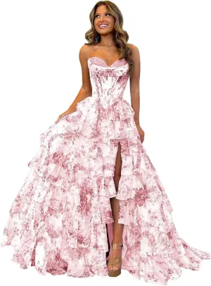 Floral Tiered Prom Dress Chiffon Strapless Prom Dresses Long Corset Ruffle Formal Evening Gowns with Slit