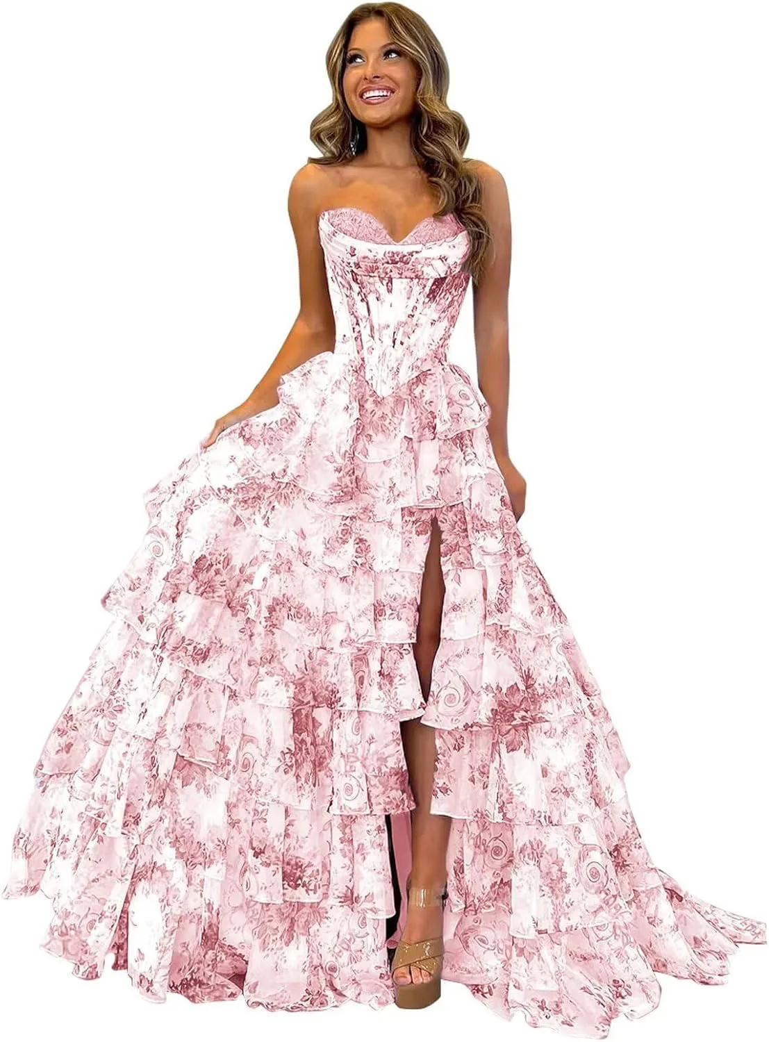 Floral Tiered Prom Dress Chiffon Strapless Prom Dresses Long Corset Ruffle Formal Evening Gowns with Slit