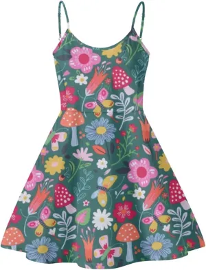Forest Mushroom Flower Dresses Women's Summer Sleeveless Beach Sundress A Line Midi Dresses Slim Fit Holiday Outfits Elastic Casual Shopping Club Party Apparel Vacation Swing Sundresses