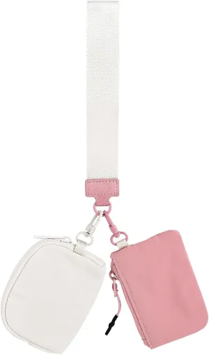 Framendino, Mini Zip Around Wristlet keychain Wallet for Women Dual Pouch Wallets Detachable Coin Purse Pocket Travel Sports (Pink Beige)