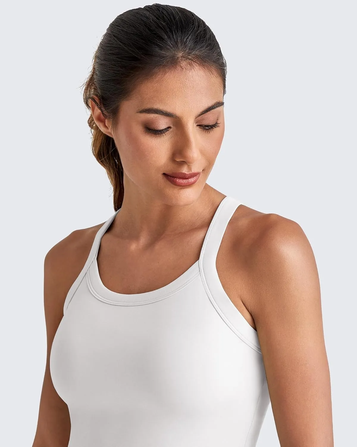 G4Free Barefeel Cropped Workout Tops for Women Built in Bra Removable Padded Longline Sports Bras Racerback Yoga Tops