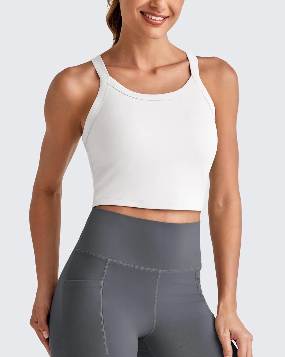 G4Free Barefeel Cropped Workout Tops for Women Built in Bra Removable Padded Longline Sports Bras Racerback Yoga Tops