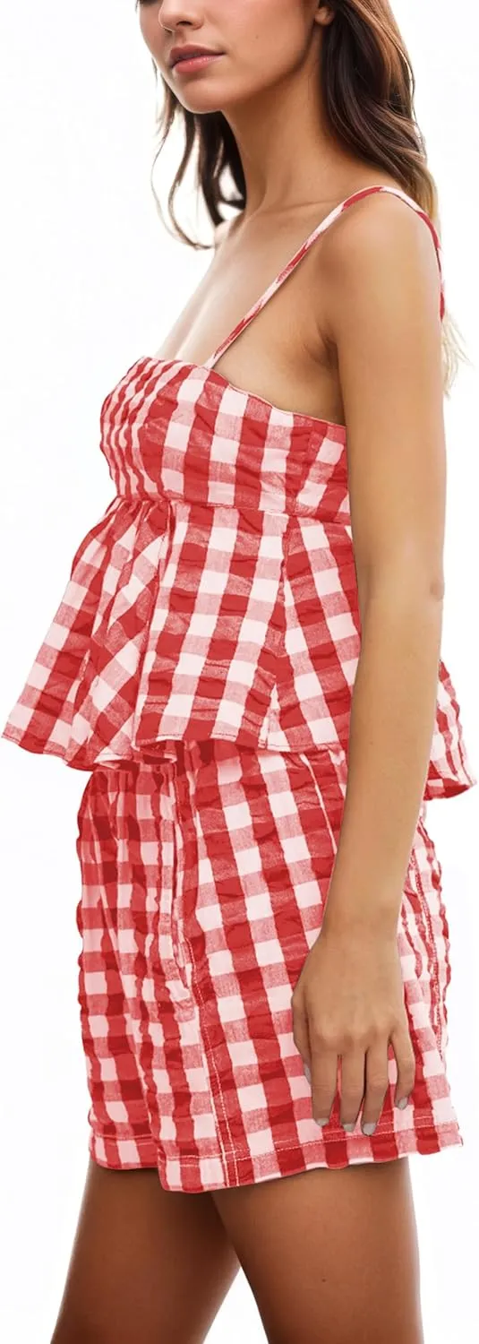 Gingham 2 Piece Lounge Sets For Women Plaid Sleeveless Peplum Crop Tank Tops Boxer Shorts Sets Matching Vacation Set