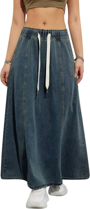 Giraropa Women's Long Denim Skirts Elastic High Waisted A Line Flare Jean Skirt with Pockets for Women Trendy Streetwear