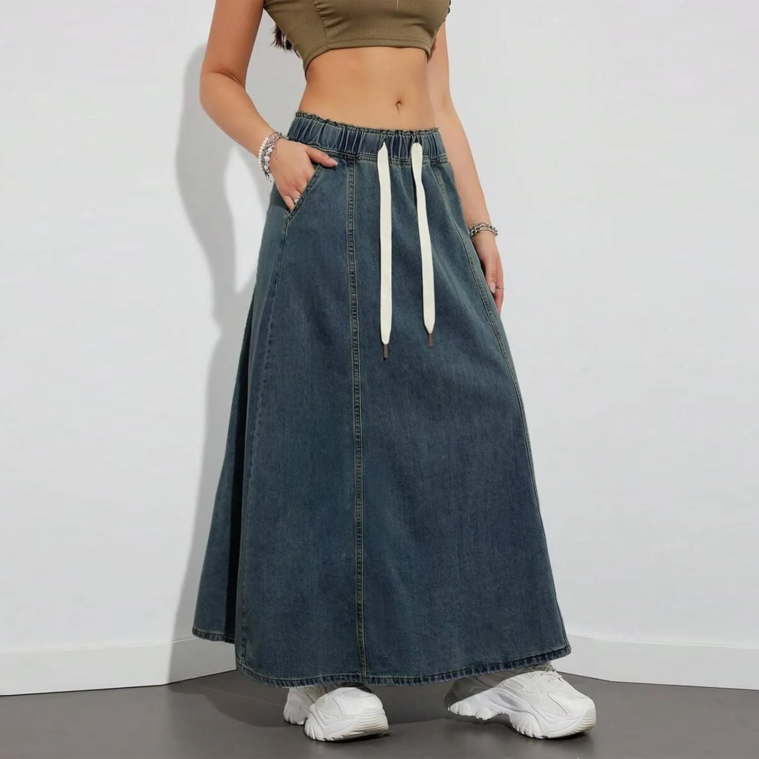 Giraropa Women's Long Denim Skirts Elastic High Waisted A Line Flare Jean Skirt with Pockets for Women Trendy Streetwear