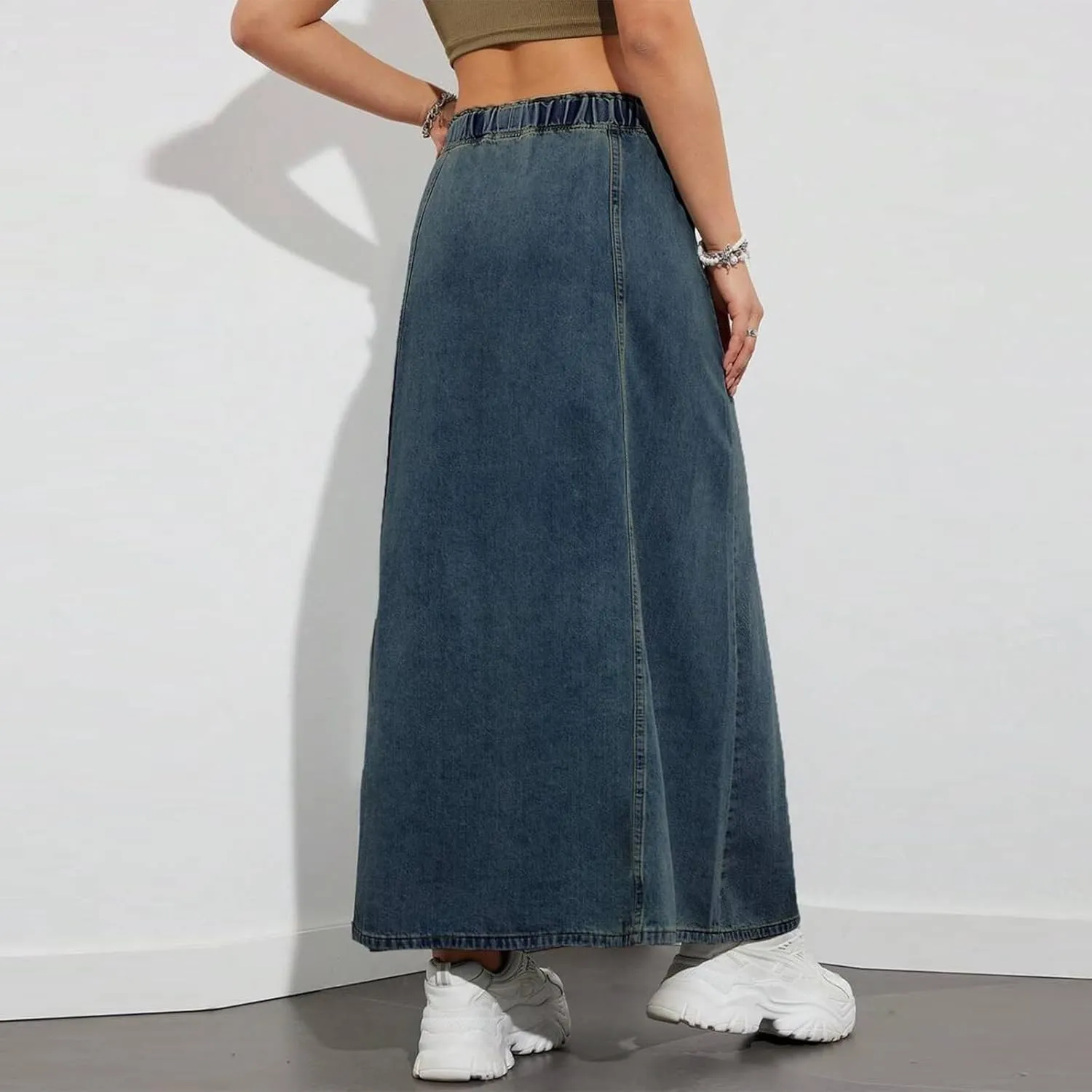 Giraropa Women's Long Denim Skirts Elastic High Waisted A Line Flare Jean Skirt with Pockets for Women Trendy Streetwear