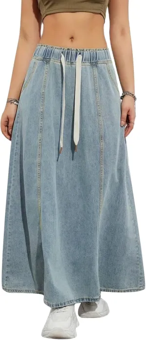 Giraropa Women's Long Denim Skirts Elastic High Waisted A Line Flare Jean Skirt with Pockets for Women Trendy Streetwear