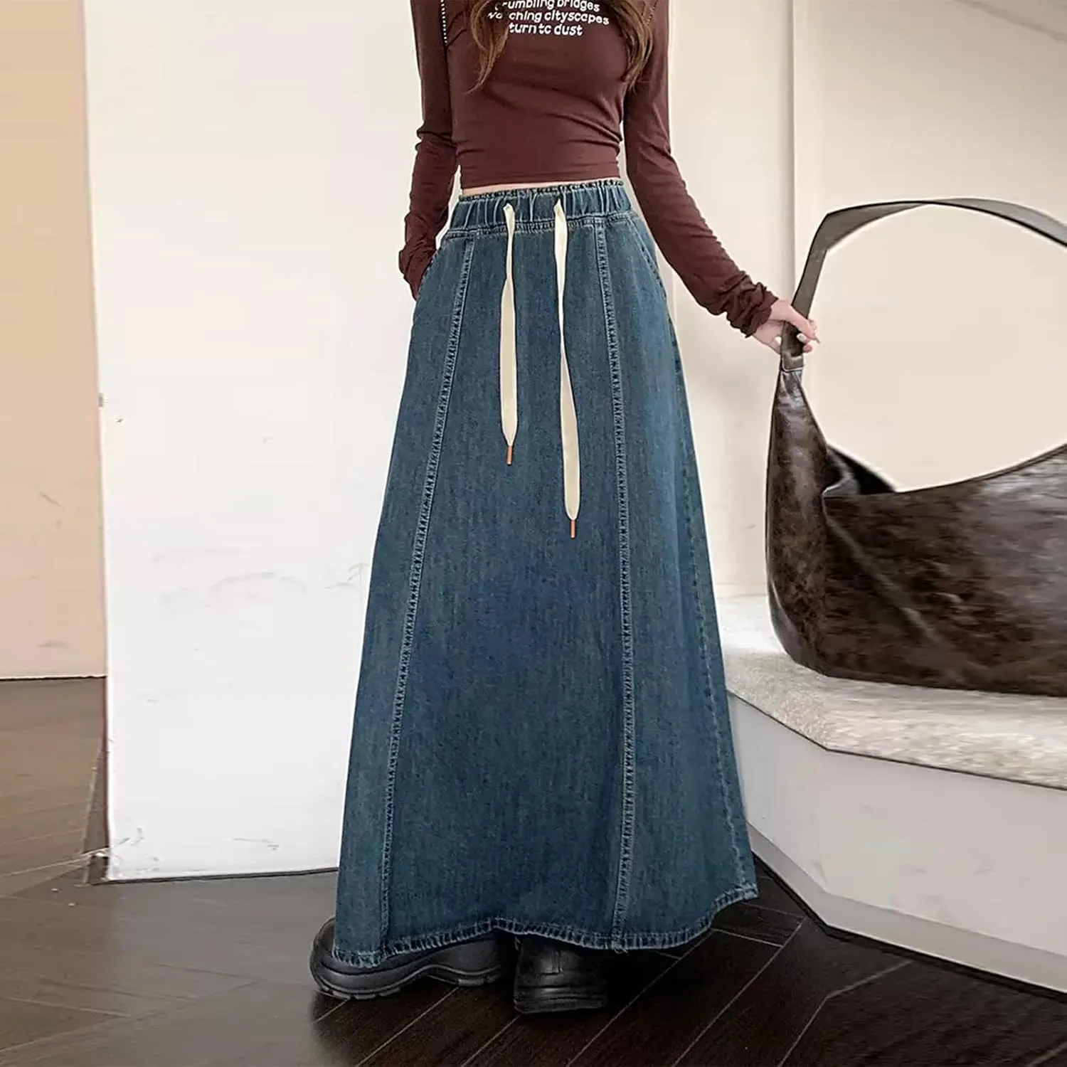 Giraropa Women's Long Denim Skirts Elastic High Waisted A Line Flare Jean Skirt with Pockets for Women Trendy Streetwear