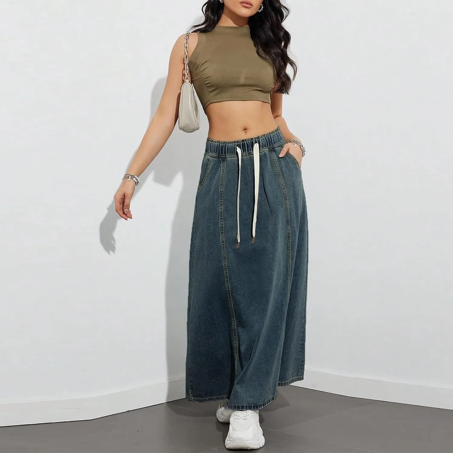 Giraropa Women's Long Denim Skirts Elastic High Waisted A Line Flare Jean Skirt with Pockets for Women Trendy Streetwear