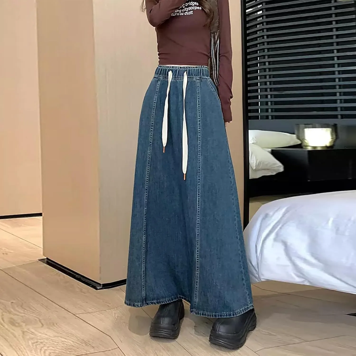 Giraropa Women's Long Denim Skirts Elastic High Waisted A Line Flare Jean Skirt with Pockets for Women Trendy Streetwear