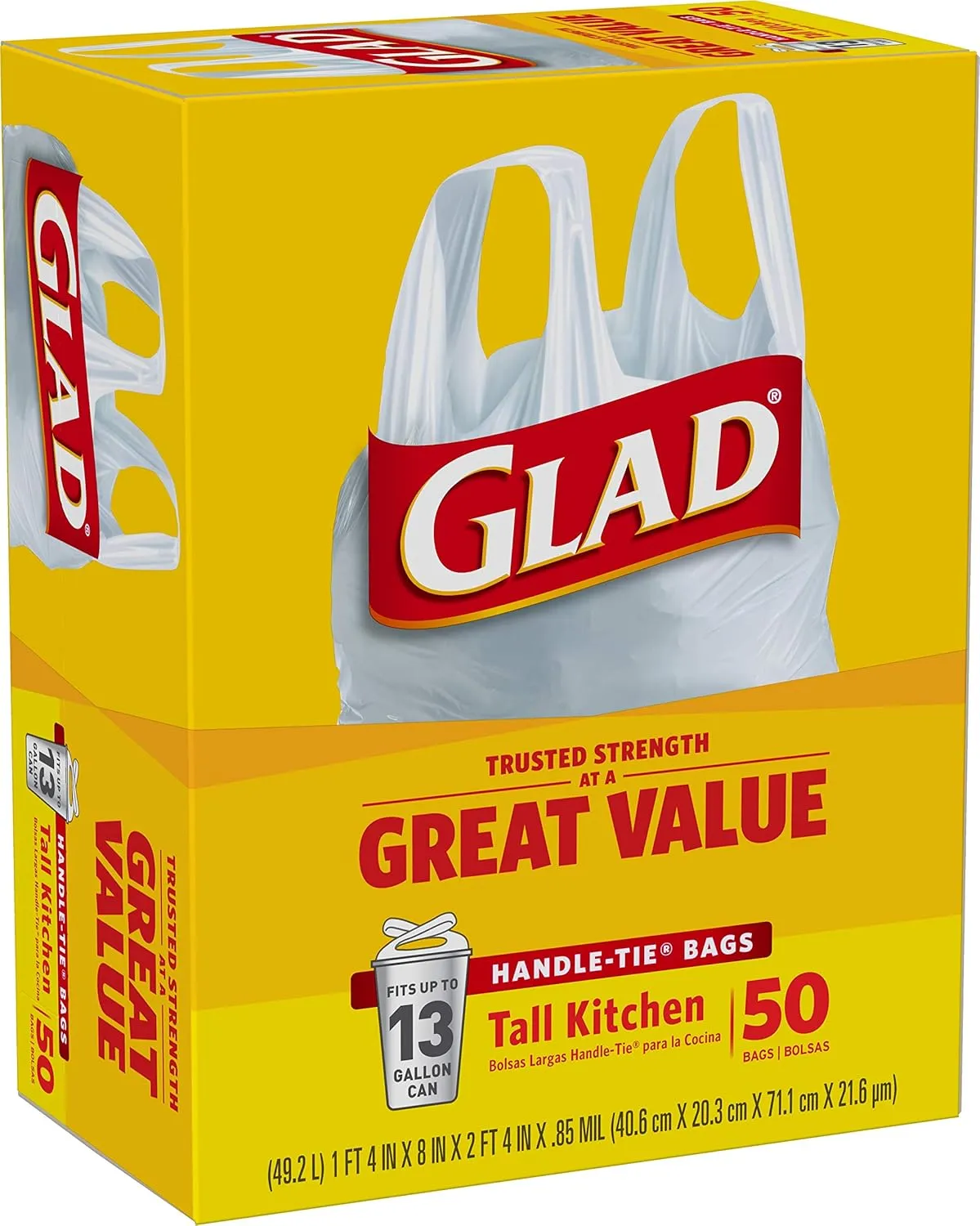 Glad Tall Kitchen Handle-Tie Trash Bags, 13 Gallon White Trash Bag, 50 Ct (Package May Vary)