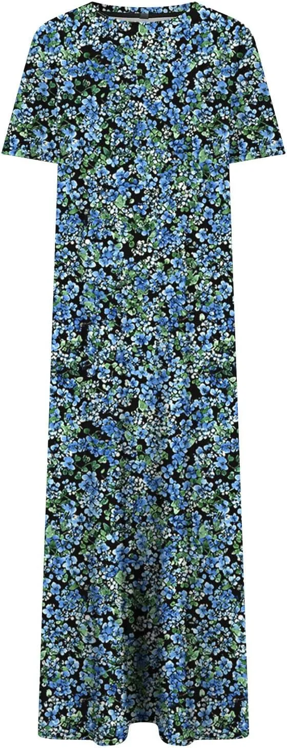 Going Out Dresses for Women 2025 Summer Casual Short Sleeve Midi Dress Floral Print Split Beach Dress with Pockets