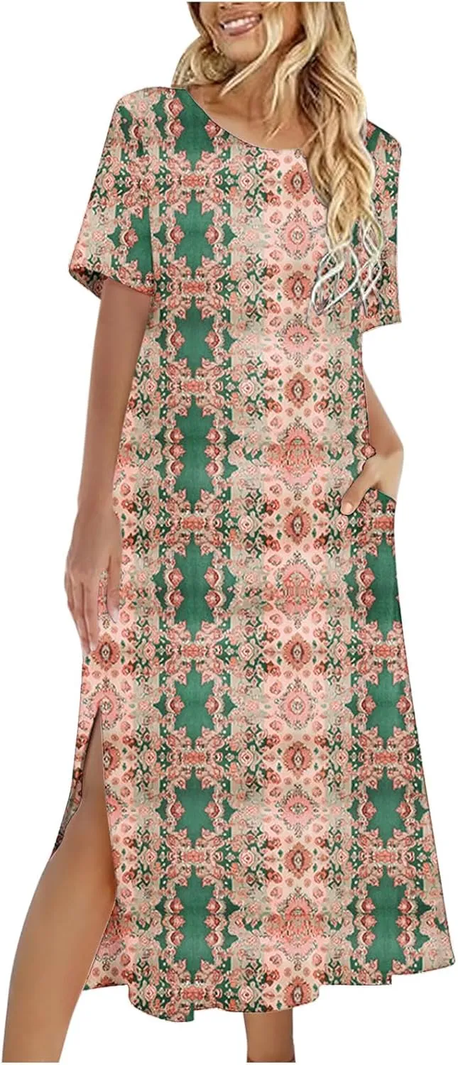 Going Out Dresses for Women 2025 Summer Casual Short Sleeve Midi Dress Floral Print Split Beach Dress with Pockets