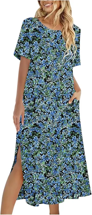 Going Out Dresses for Women 2025 Summer Casual Short Sleeve Midi Dress Floral Print Split Beach Dress with Pockets