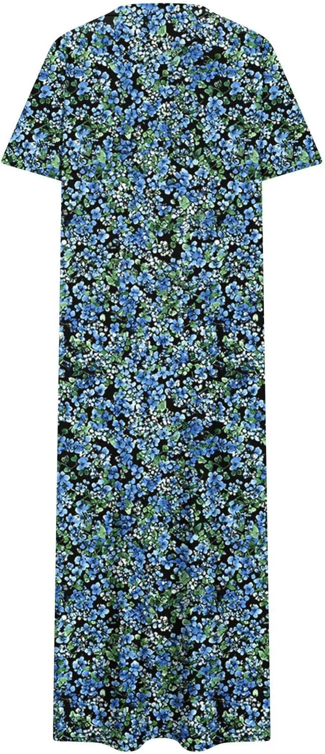 Going Out Dresses for Women 2025 Summer Casual Short Sleeve Midi Dress Floral Print Split Beach Dress with Pockets