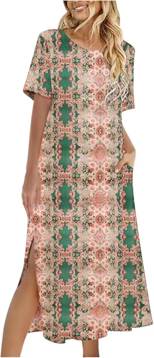 Going Out Dresses for Women 2025 Summer Casual Short Sleeve Midi Dress Floral Print Split Beach Dress with Pockets