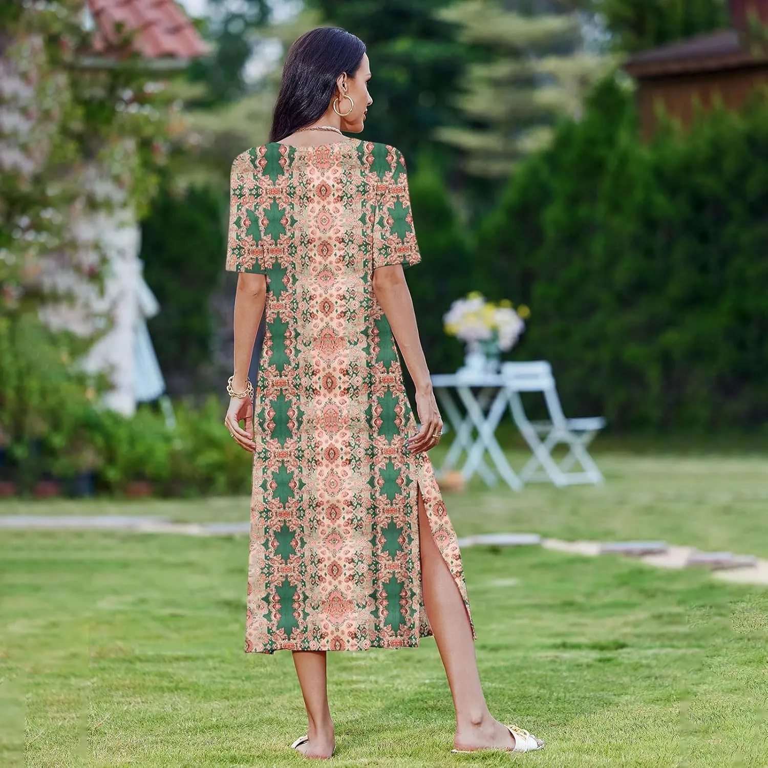 Going Out Dresses for Women 2025 Summer Casual Short Sleeve Midi Dress Floral Print Split Beach Dress with Pockets