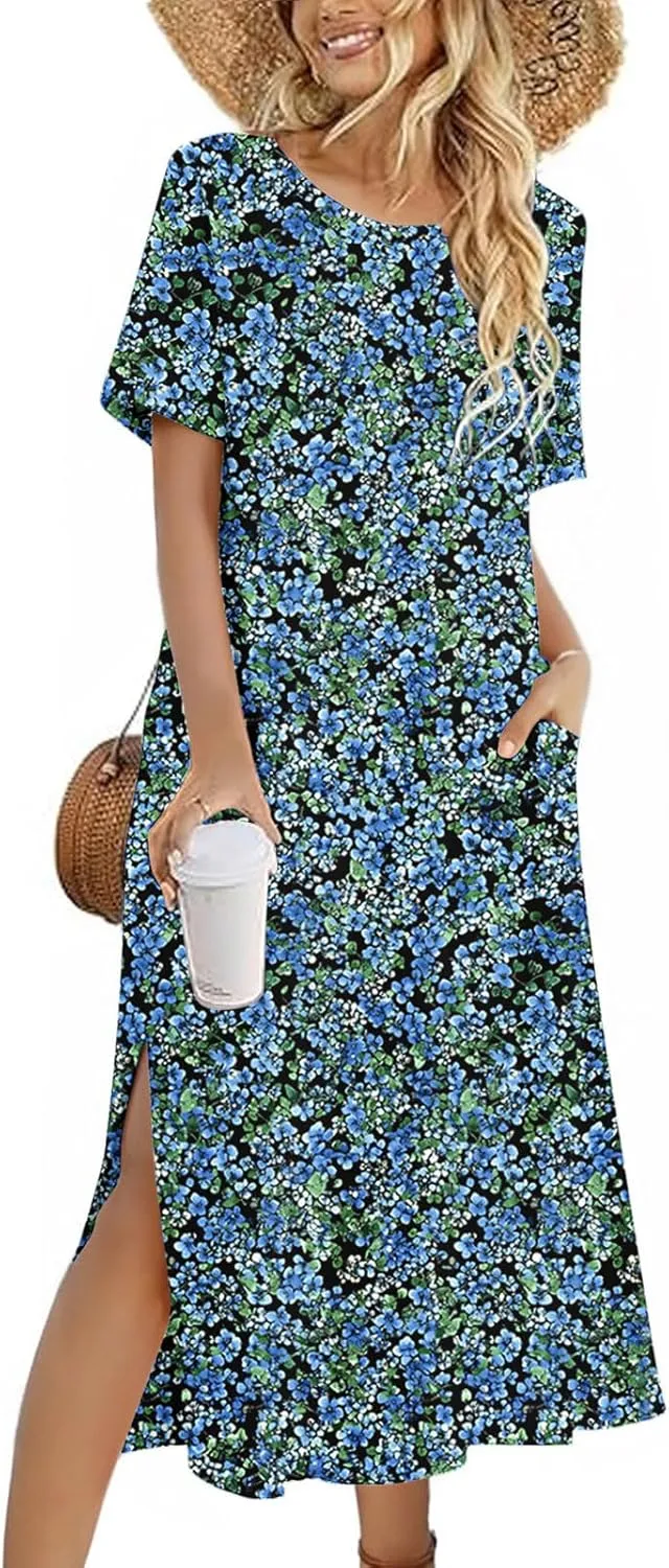 Going Out Dresses for Women 2025 Summer Casual Short Sleeve Midi Dress Floral Print Split Beach Dress with Pockets